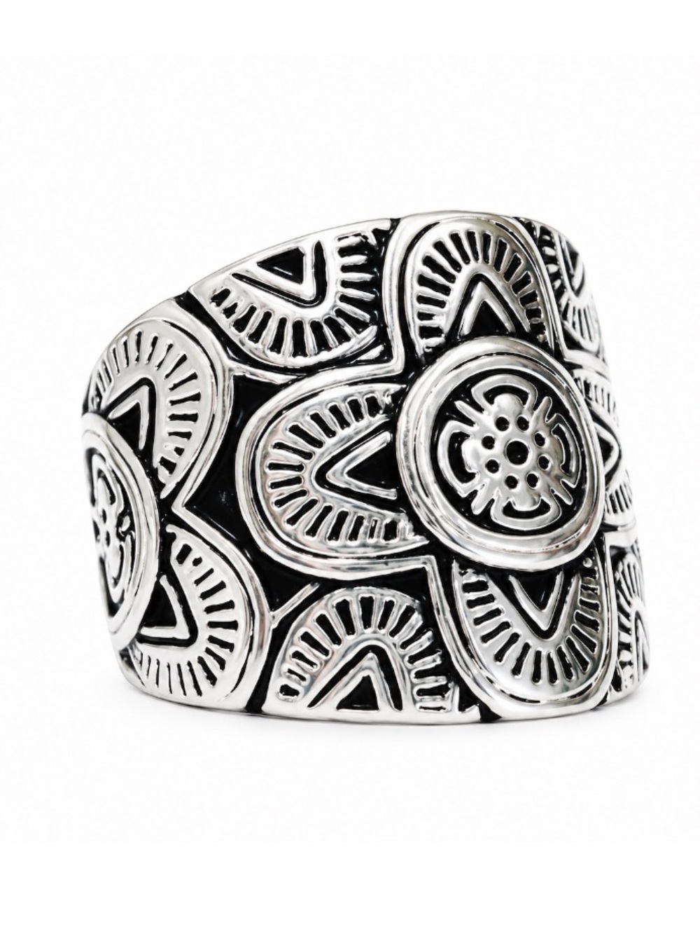 NEW - Boho Chic Intricate Fooral Mandala Embossed Silver Cigar Band Ring - Sz 7